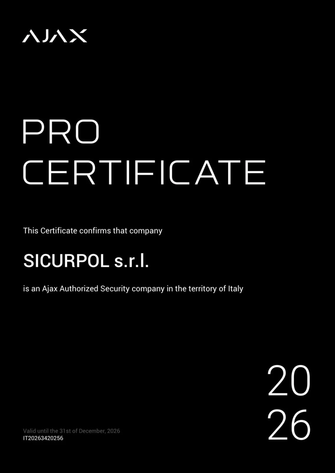 Certificato Ajax Pro 2026 per SICURPOL