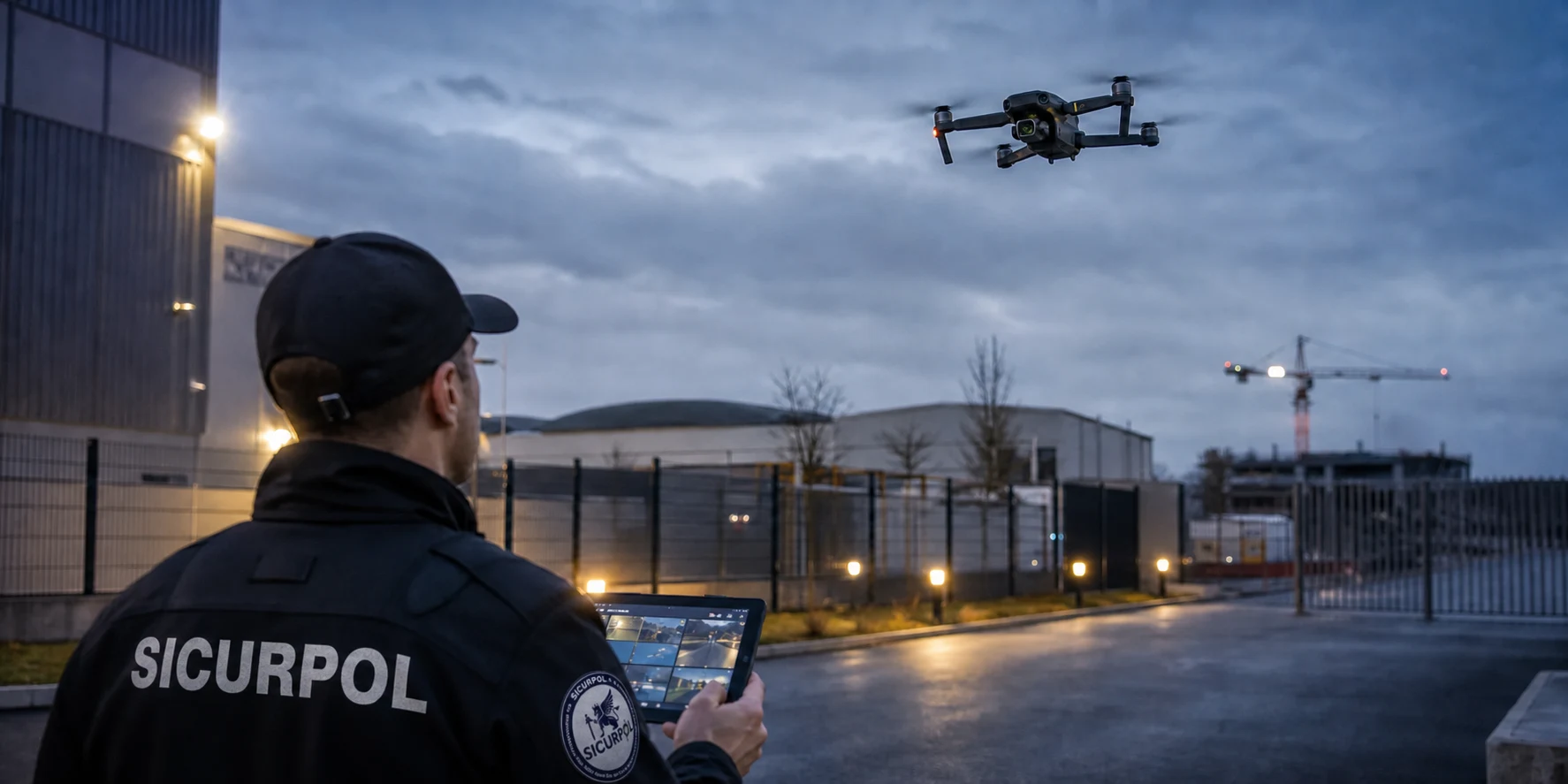 Operatore SICURPOL con drone per sorveglianza su area aziendale e cantiere