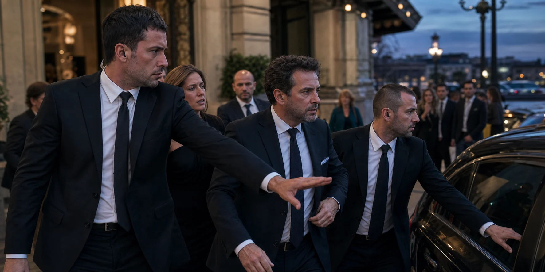 Team di close protection mentre protegge e accompagna un VIP verso un veicolo durante un servizio operativo